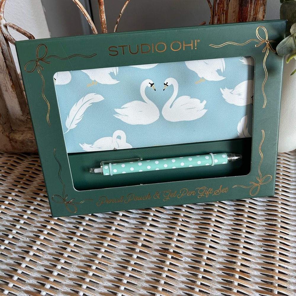 Studio Oh! Pencil Pouch & Gel Pen Gift Set featuring a blue swan pattern - Picture 2 of 3